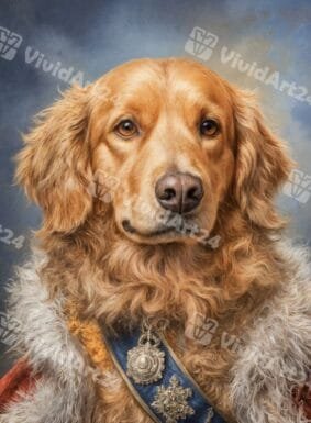 Кралски портрет на голдън ретрийвър със сини ордени и червена наметка