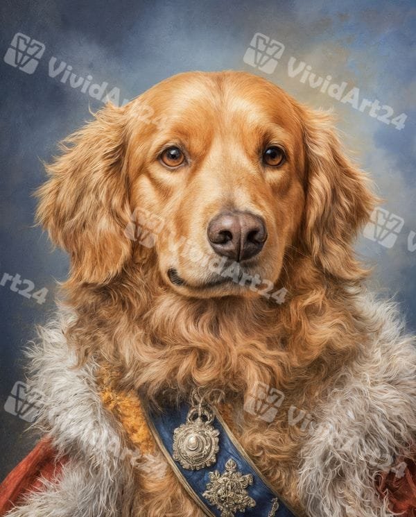 portret-kralski-golden-sini-ordeni-nametka Кралски портрет на голдън ретрийвър със сини ордени и червена наметка