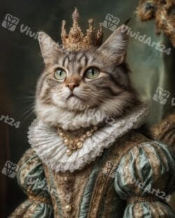 Портрет на кралица котка със златна корона и ренесансова рокля
