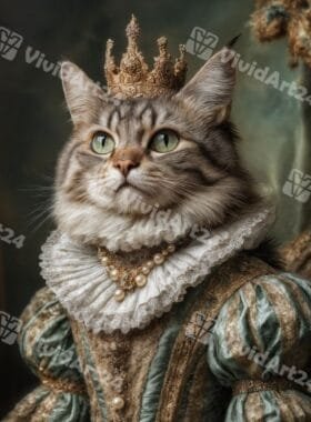 Портрет на кралица котка със златна корона и ренесансова рокля