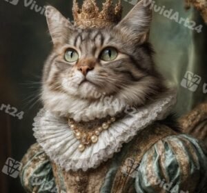 Портрет на кралица котка със златна корона и ренесансова рокля