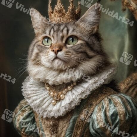 Портрет на кралица котка със златна корона и ренесансова рокля