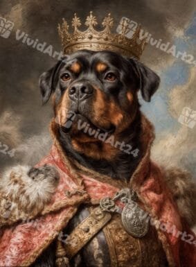 Портрет на ротвайлер с доспехи и златна корона