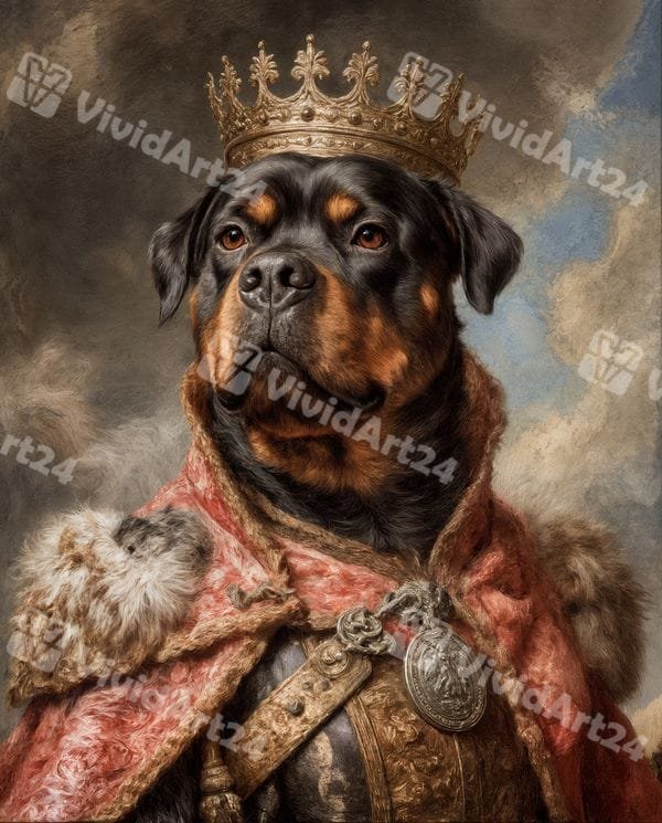portret-rotweiler-dospehi-zlatna-korona Портрет на ротвайлер с доспехи и златна корона