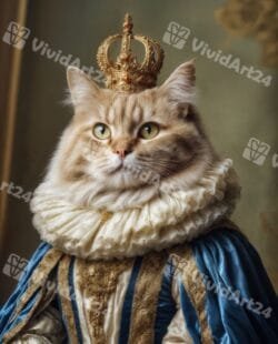 Портрет на котка крал със златна корона и ренесансова синя мантия