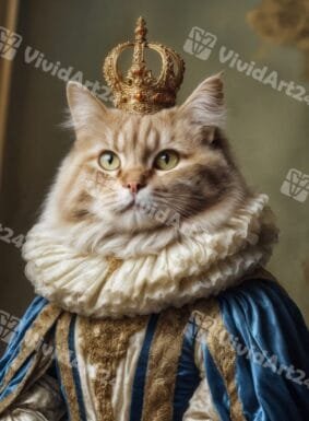Портрет на котка крал със златна корона и ренесансова синя мантия