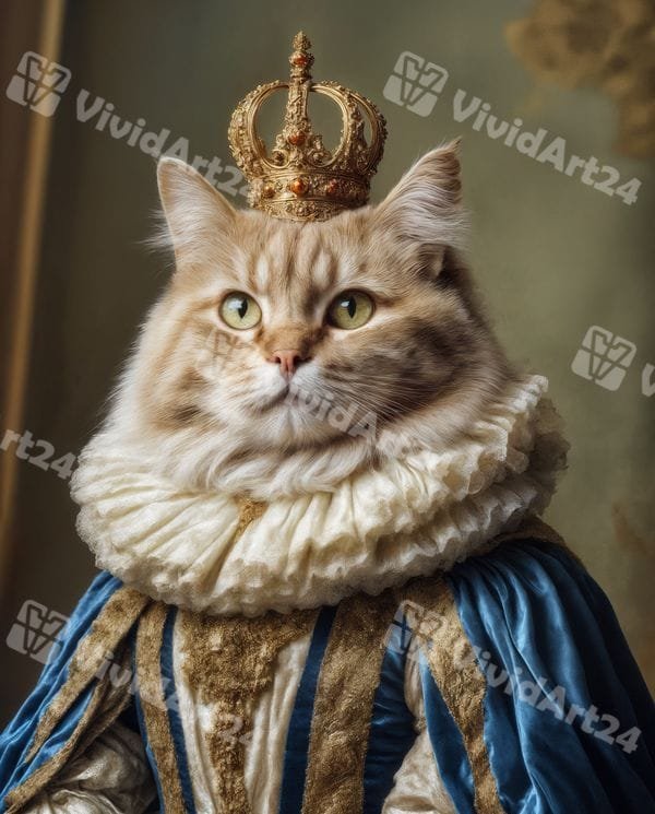 portret-kotka-kral-zlatna-korona-sinya-mantiya Портрет на котка крал със златна корона и ренесансова синя мантия