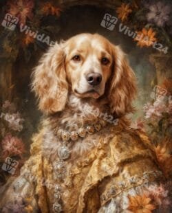 Портрет на куче със златиста рокля в бароков стил и цветен фон