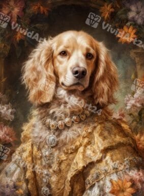 Портрет на куче със златиста рокля в бароков стил и цветен фон