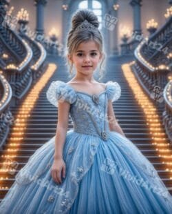 Портрет на дете като Пепеляшка със синя рокля на бално стълбище