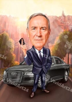 Карикатура на мъж с костюм и Audi, държащ мобилен телефон