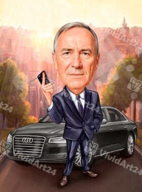 Карикатура на мъж с костюм и Audi, държащ мобилен телефон