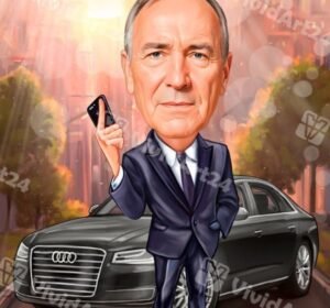 Карикатура на мъж с костюм и Audi, държащ мобилен телефон