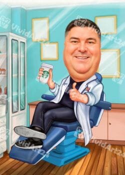Карикатура на зъболекар с кафе в ръка в зъболекарски кабинет