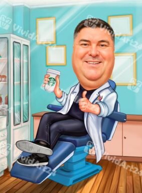 Карикатура на зъболекар с кафе в ръка в зъболекарски кабинет