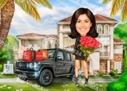 Карикатура на жена с джип, черна рокля и дизайнерски чанти пред луксозна къща