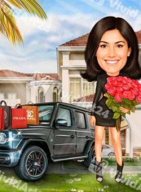 Карикатура на жена с джип, черна рокля и дизайнерски чанти пред луксозна къща