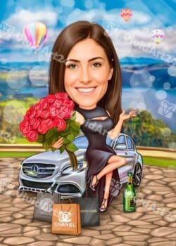 Карикатура на жена с Мерцедес, черна рокля, рози и дизайнерски чанти на открито