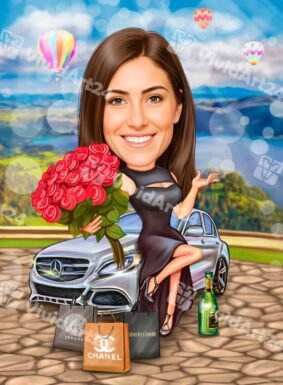 Карикатура на жена с Мерцедес, черна рокля, рози и дизайнерски чанти на открито