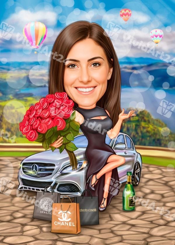 karikatura-zena-mercedes-cherna-roklya-rozi-chanti Карикатура на жена с Мерцедес, черна рокля, рози и дизайнерски чанти на открито