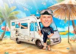 Карикатура на мъж с кемпер, маска и шнорхел на морския бряг 