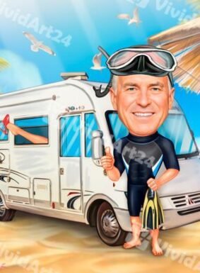 Карикатура на мъж с кемпер, маска и шнорхел на морския бряг 