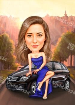 Карикатура на жена с луксозен Mercedes