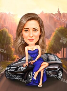 Карикатура на жена с луксозен Mercedes
