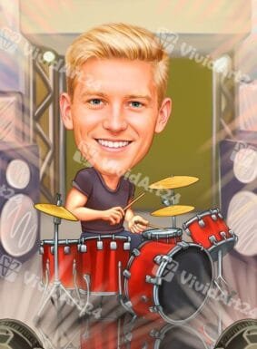 Карикатура на мъж с барабани и слушалки в звукозаписно студио