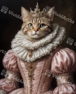 Портрет на котка кралица с розова рокля, дантелена яка и златна корона