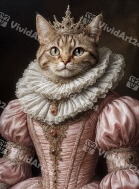 Портрет на котка кралица с розова рокля, дантелена яка и златна корона