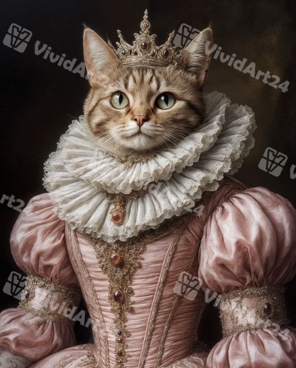 portret-kotka-krali-rozova-roklya-dantela-korona Портрет на котка кралица с розова рокля, дантелена яка и златна корона