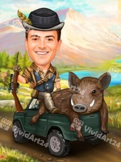 Карикатура на ловец с пушка и дива свиня върху джип