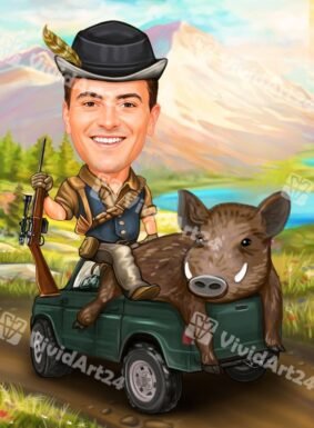 Карикатура на ловец с пушка и дива свиня върху джип