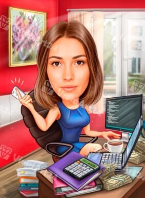 Карикатура на жена финансист с компютър, калкулатор и пари в офис