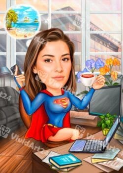 Карикатура на жена в офис като Supergirl с лаптоп и чаша кафе