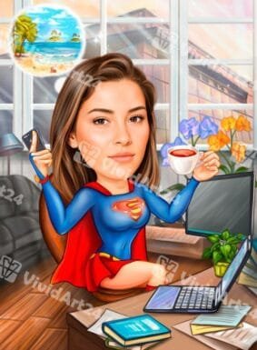 Карикатура на жена в офис като Supergirl с лаптоп и чаша кафе