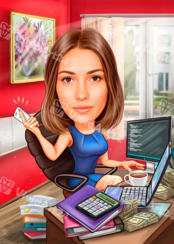 Карикатура на жена финансист с компютър, калкулатор и пари в офис
