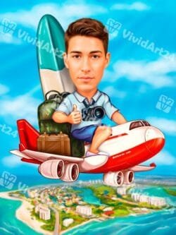 Карикатура на мъж турист със самолет, куфар и фотоапарат