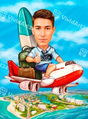 Карикатура на мъж турист със самолет, куфар и фотоапарат