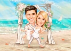 Карикатура на младоженци на плаж с арка от цветя