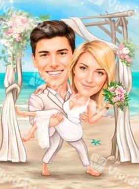 Карикатура на младоженци на плаж с арка от цветя