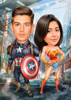 Карикатура на двойка с костюми на Капитан Америка и Жената чудо