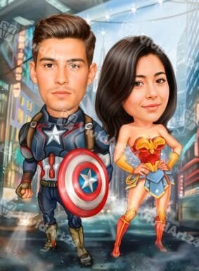 Карикатура на двойка с костюми на Капитан Америка и Жената чудо