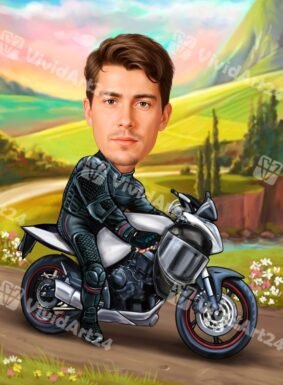 Карикатура на мъж с мотор и мотористка екипировка на живописен път