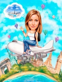 Карикатура на жена пътешественик, седнала върху самолет