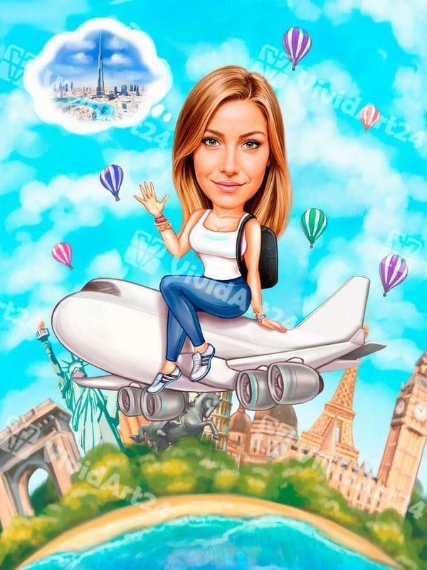 karikatura-zena-puteshestvenik-samolet Карикатура на жена пътешественик, седнала върху самолет