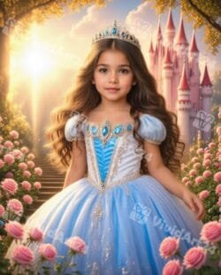 Детски портрет на момиченце със синя рокля и корона в приказна градина с рози