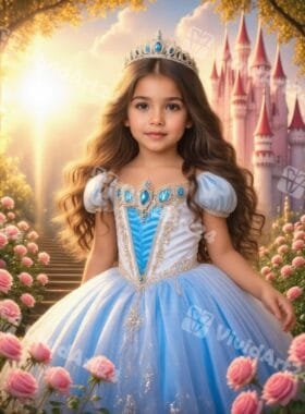 Детски портрет на момиченце със синя рокля и корона в приказна градина с рози
