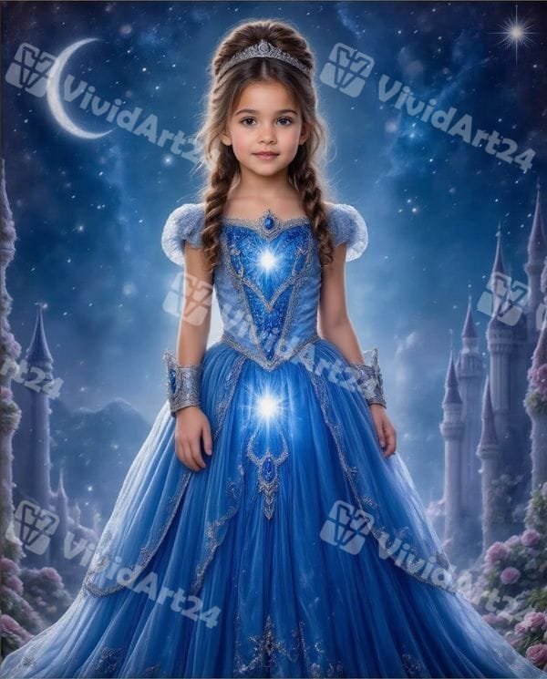 portret-detski-princessa-sinya-zamuk Детски портрет на момиченце с блестяща синя рокля и замък на заден план, направен по снимка